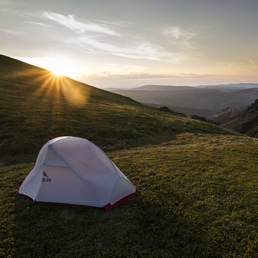 MSR tent pitched up high in the Cairngorms at sunset